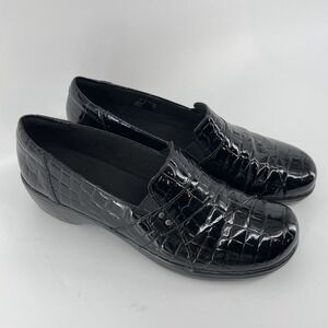 Clarks Loafers Women Size 9.5 M Black Patent Faux Leather Croc Slip On Shoes